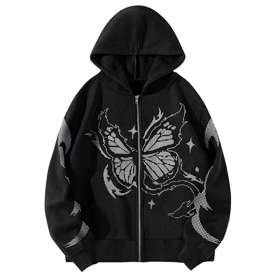 Oversize Hoodies for Women Trendy Gothic Vintage Butterfly Print Zipper Long Sleeve Streetwear Y2K Plus Size Clothes Outfits