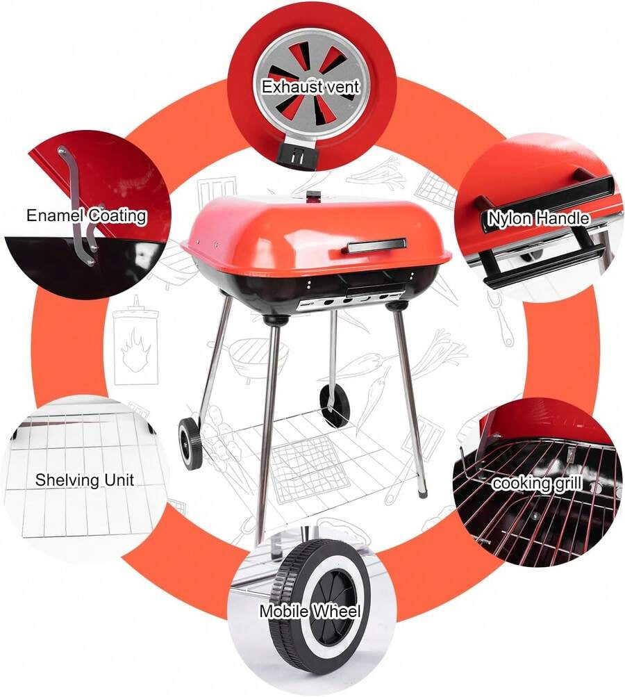 22inch Portable Charcoal Grill, Red Charcoal Grill With Portable Wheel And Handle, Suitable Cooking, Camping And Picnic(Red)