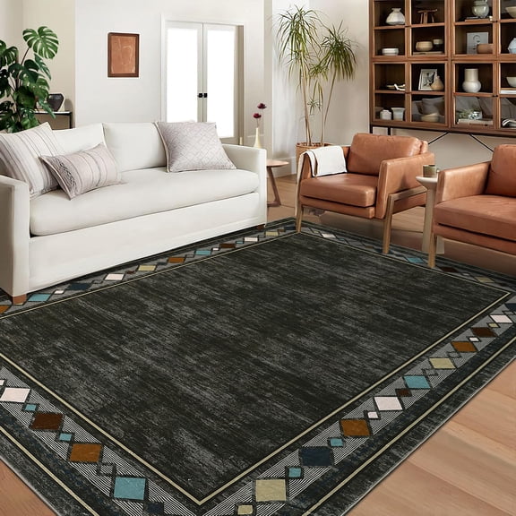 Washable Area Rug for Living Room Bedroom – Soft Modern Non Slip Stain Resistant Carpet, Traditional Border Accent Mat for Kitchen Entryway
