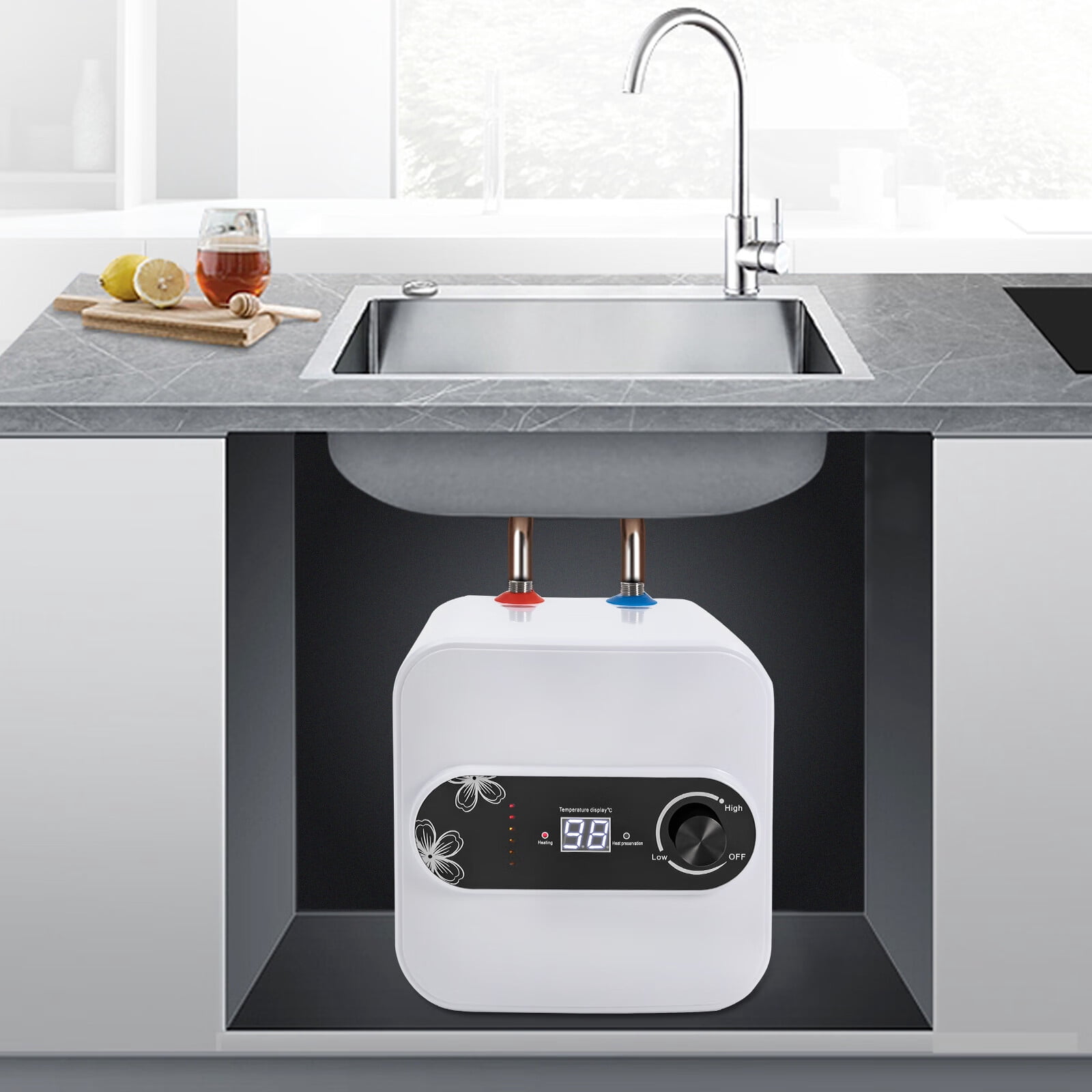 Aiqidi 1500W 110V LCD Electric Water Heater 8L Vertical Mini-Tank Instant Hot Water Boiler White for RV Kitchen Bathroom Under Sink Counter Cupboard IPX4 30-65°C