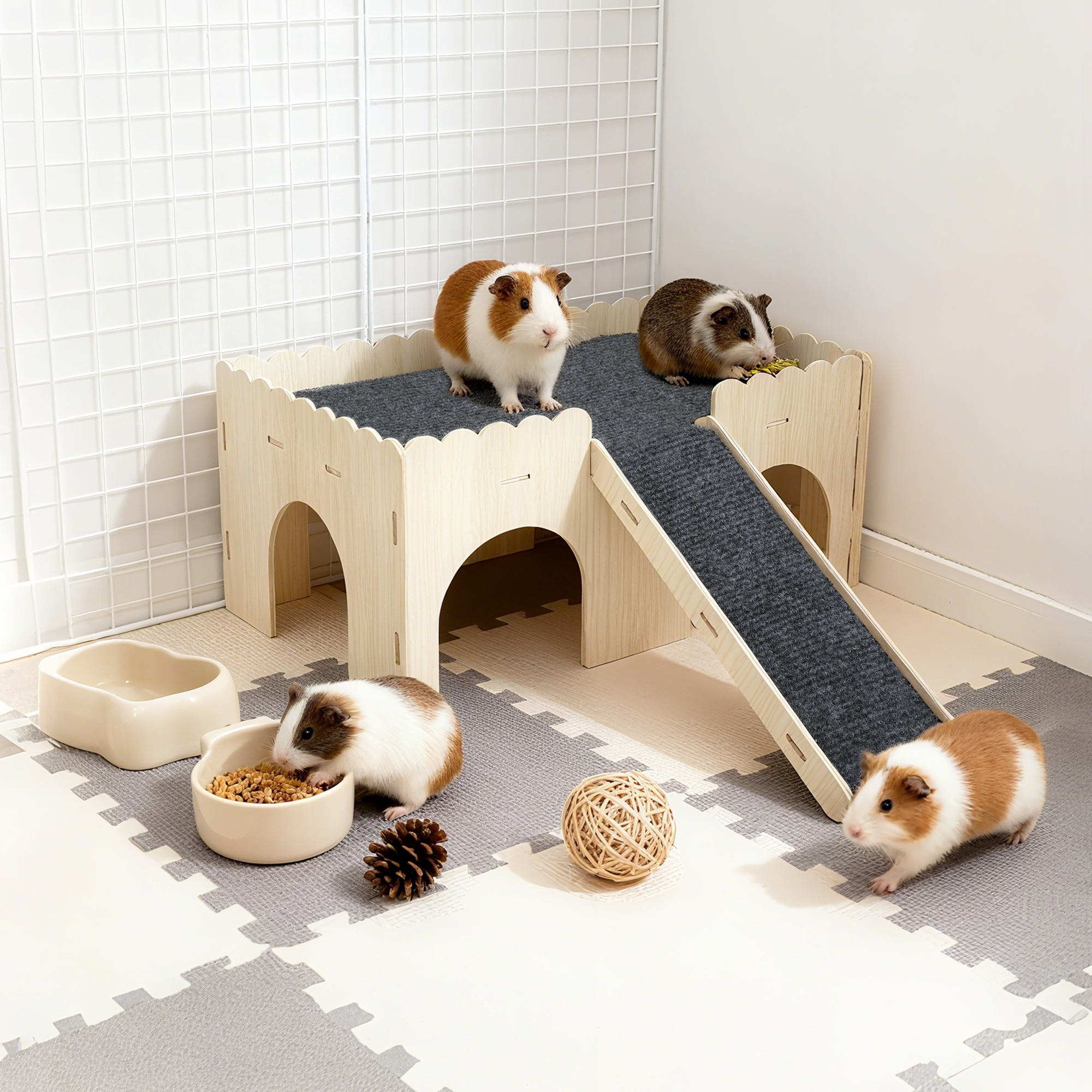 Unique Bargains Guinea Pig Hideout Wooden Small Animal Castle Habitat with Stairs Hamster Bunny Chinchilla Hideaway Hut for Playing Hiding Beige Black 1 Set