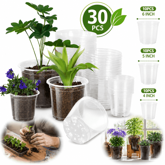 Ustris 30 Pack 6/5/4Inch Clear Nursery Pots with Drainage Holes, Clear Plant Pot for Planting, Transparent Plastic Plant Pots,Durable Seed Starting Pot for Succulents
