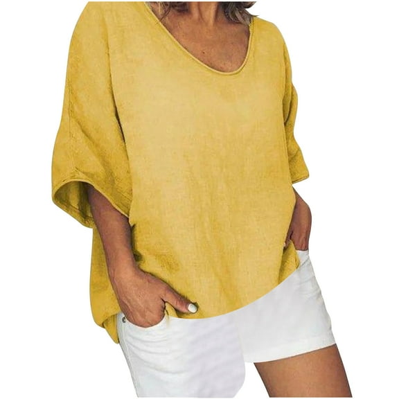 Timegard Plus Size Tops for Women Cotton Linen Scoop Neck Short Sleeve Loose Blouse Beach Casual Top