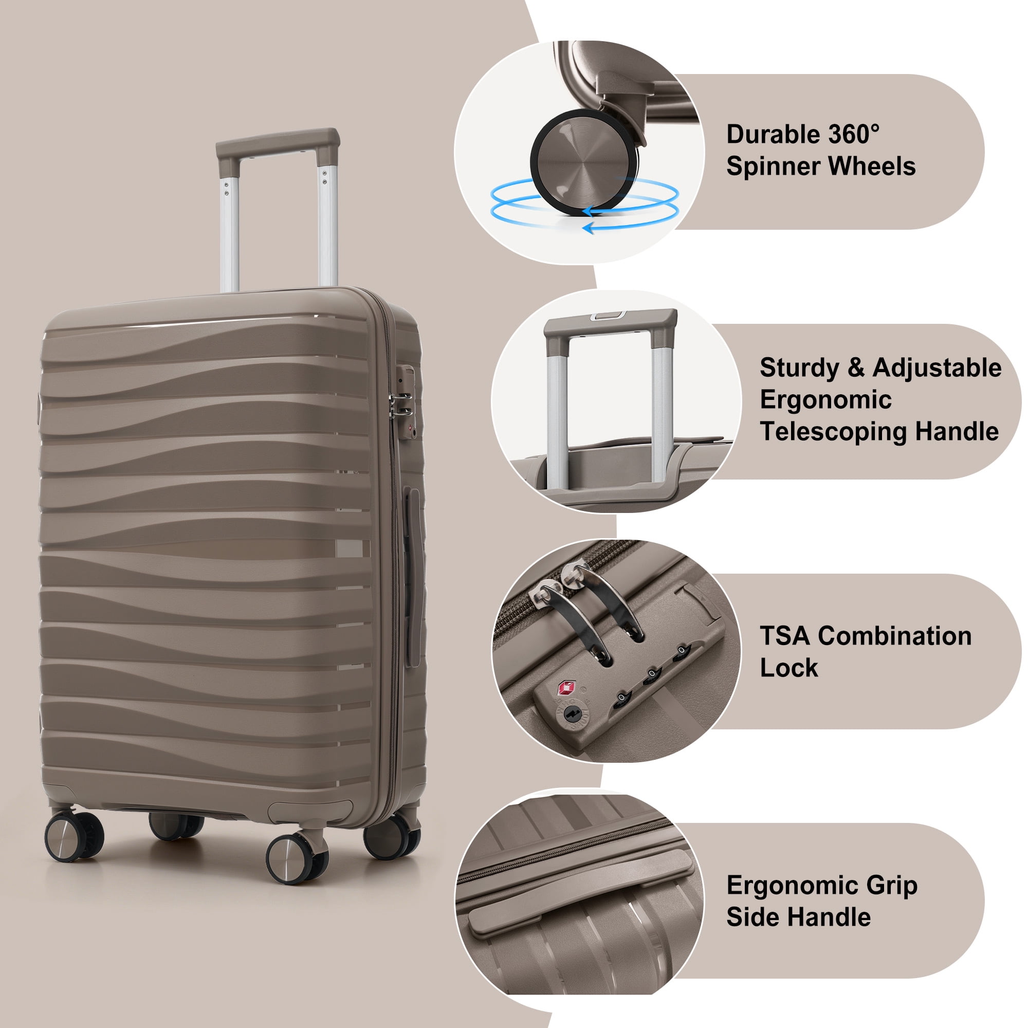 Euroco Luggage Sets 3 Piece,PP Hardside Suitcase Set with TSA Lock & 360° Spinner Wheels,Lightweight Durable Carry on Luggage for Business Travel,Light Brown(20"/24"/28")