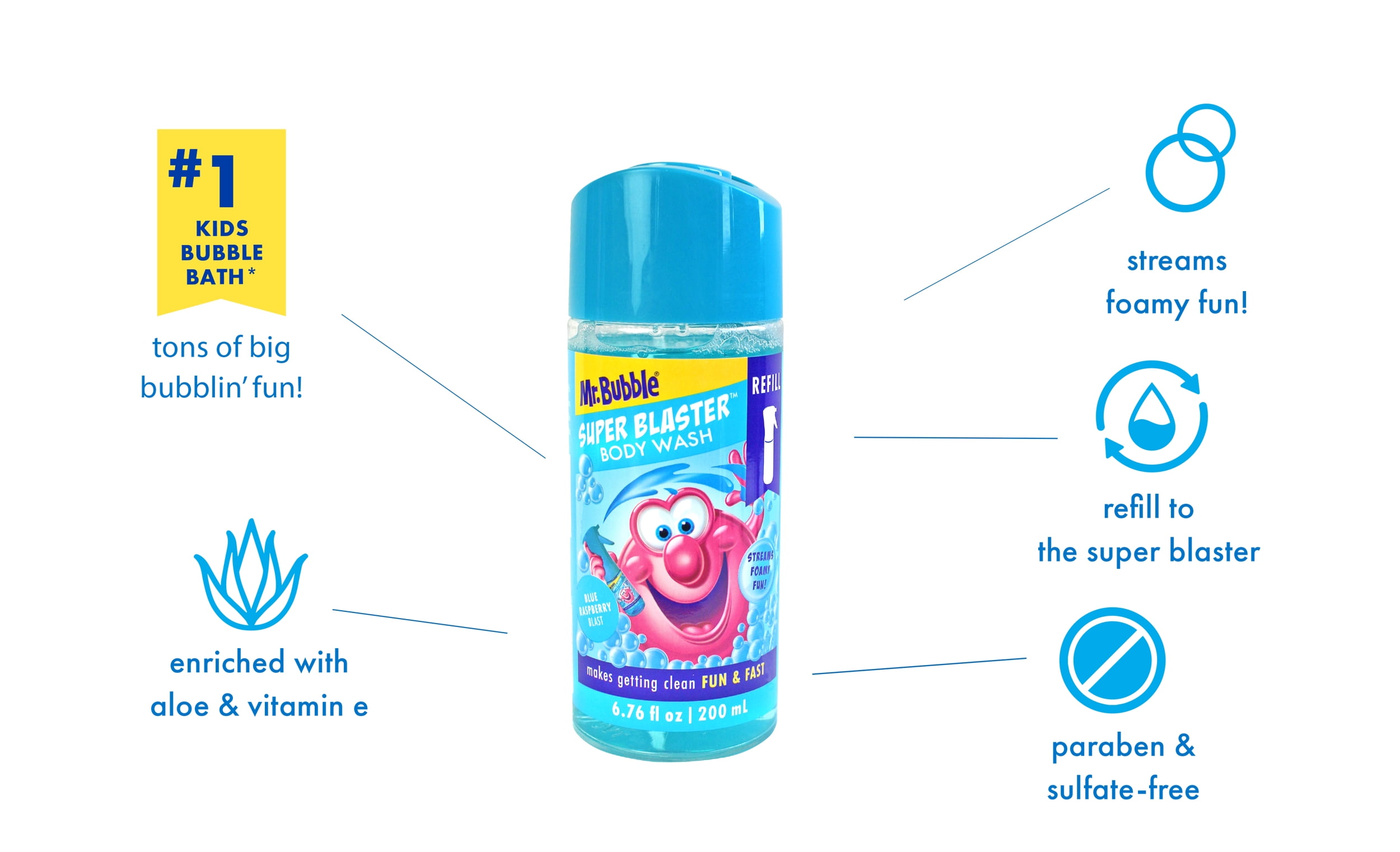 Mr. Bubble Blue Raspberry Blast Super Blaster Body Wash Refill, 6.76 fl oz.