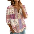 thumbnail image 3 of Women's Patchwork Floral 3/4 Sleeve Blouse - V-Neck Button Down Boho Tunic Top, Lightweight Casual Loose Fit Shirt for Spring Summer Dark Purple S, 3 of 6