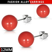 12mm Fashion Red Coral Resin Faux Pearl Bead Ball Stud Earrings pair