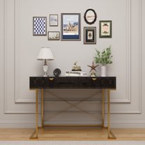 Boyel Living 42" Home Office Desks with 2 Storage Drawers, Black Writing Desk for Living Room, Bedroom & Study, Golden Legs & X-Shaped Brace