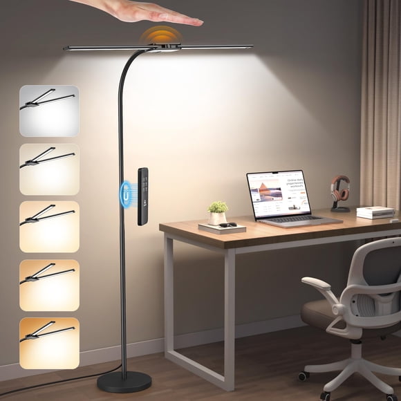 Lámpara de pie LED Syrinx de 14 W, doble cabezal, sensor gestual y control remoto
