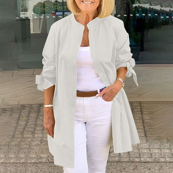 Mgmyaa Women's Button Down Shirt Long Sleeve Mid-Length Fall Tops Long Shirt Jackets