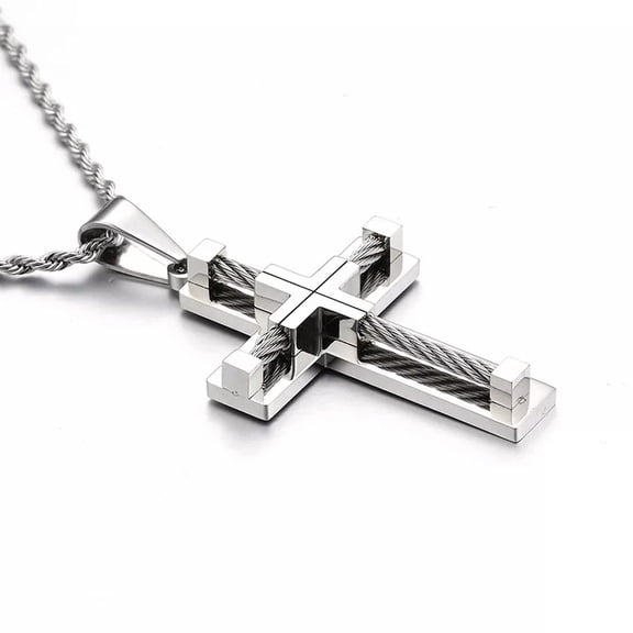 HOOUN Large Religious Silver Stainless steel cable wire cross Pendant Men's Necklace