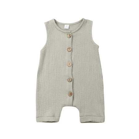 

Multitrust Baby Sleeveless Jumpsuit Solid Color Crew Neckline Button Jumpsuit