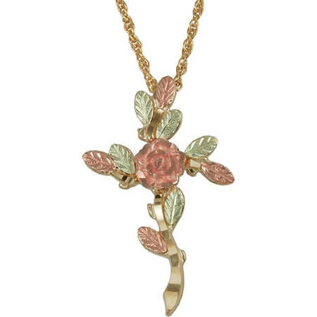 Black Hills Gold 10kt Yellow 12kt Gold Leaf and Rose Accents Cross Pendant, 18