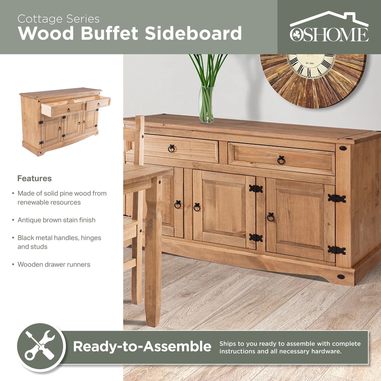 OS Home and Office Furniture Cottage Series Wood Buffet Sideboard in Brown