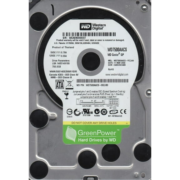 WD7500AACS-00ZJB0, DCM HARCHV2ABB, Western Digital 750GB SATA 3.5 Hard Drive
