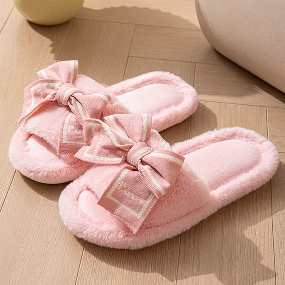 Willtoo Cute Bow Slippers for Women with Memory Foam Open Toe Fuzzy House Slippers Indoor Outdoor Anti-Skid Soft Walking Shoes