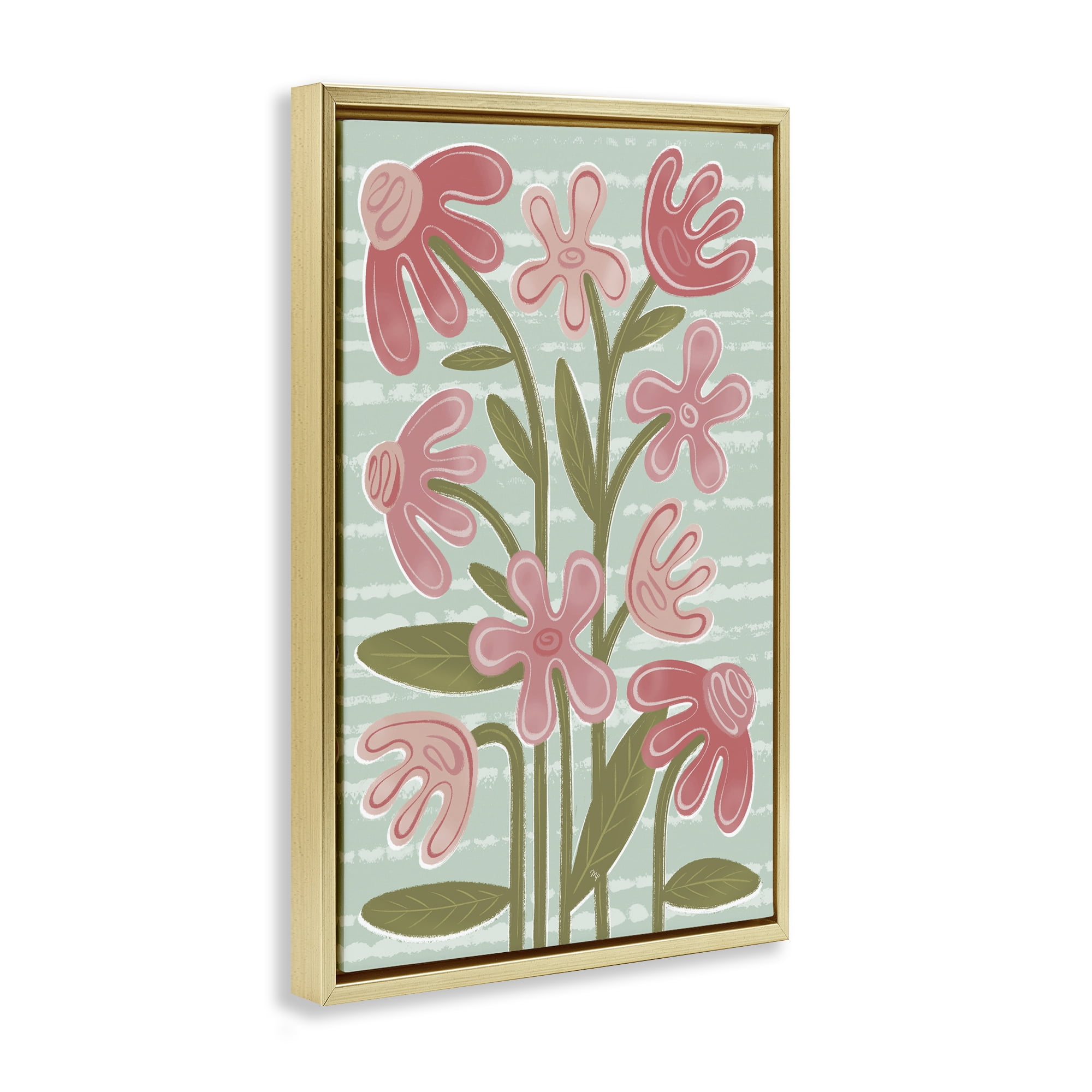 Stupell Industries Pink Whimsy Midcentury Flowers Gold Framed Floater Canvas Wall Art, design by Martina Pavlova