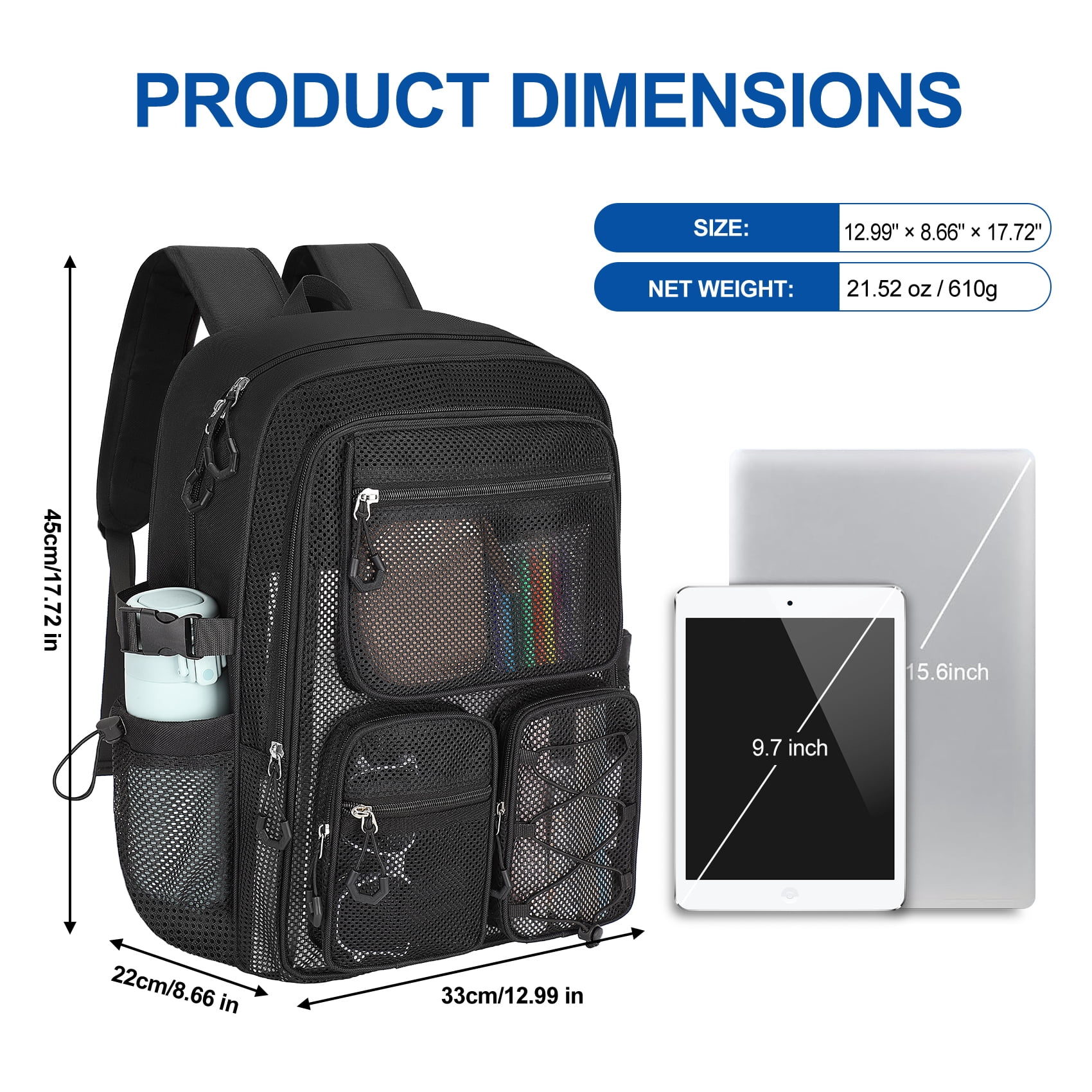 KOITHOT Mesh Backpack Heavy Duty, Stadium Approved Multi-Pocket Beach Backpacks for Adults, See Through Transparent Mesh Bookbag for School & Travel(Black)