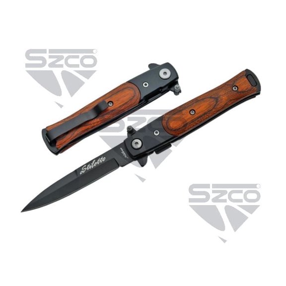 SZCO 7.25" Wood-Finish Stiletto Style Folding Tool Liner Lock Mechanism and Pocket Clip
