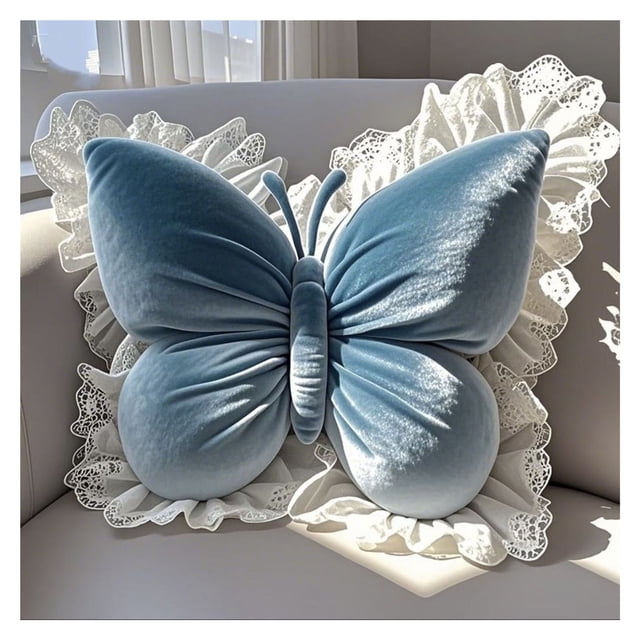 Elegante almohada en forma de mariposa con ribete de encaje, funda de cojín decorativa for dormitorio