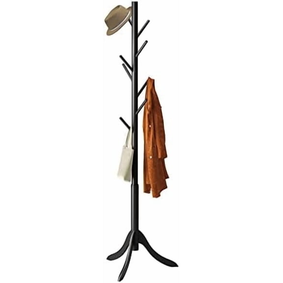 Coat Rack Freestanding, Coat Stands Entryway, Bamboo Coat Rack Hat Hanger 8 Hook for Jacket, Purse, Scarf Rack, Umbrella Tree Stand (Black)