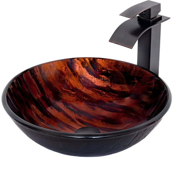 Novatto MIMETICA NSFC-025136ORB Brown/Copper Painted Glass Vessel Bath Sink Set w/ Faucet, Drain and Mounting Ring, Oil-Rubbed Bronze