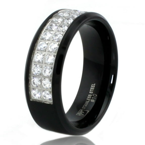 Black Stainless Steel Dual Cubic Zirconia Row Wedding Band Ring