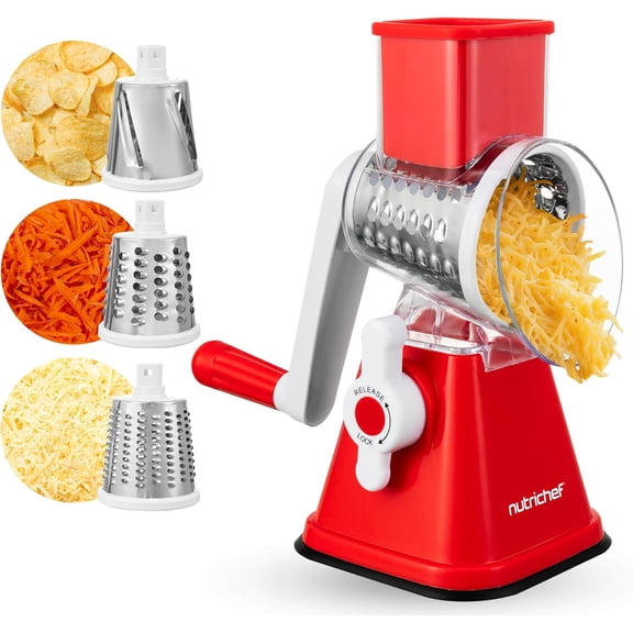 NutriChef 3-in-1 Cheese Grater & Shredder – Rotary Hand-Crank Grater with Strong Suction Base & Safety Lock, Includes 3 Drum Blades for Fine, Medium & Strip Cuts, Red