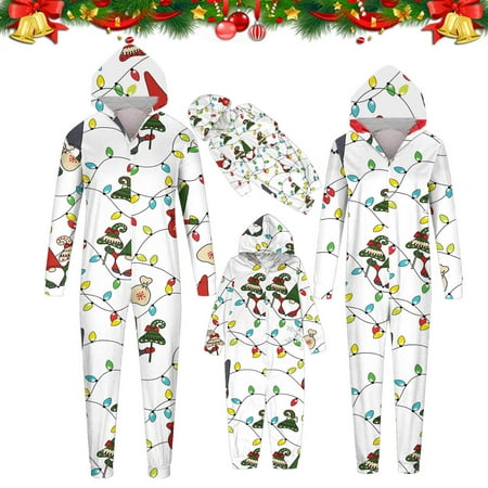 

CFLVAEK Christmas Family Matching Pajamas Onesies Zip Up Long Sleeve Parent and Kids Holiday Pjs Xmas Elf Graphic Loungewear with Hood fot Kids