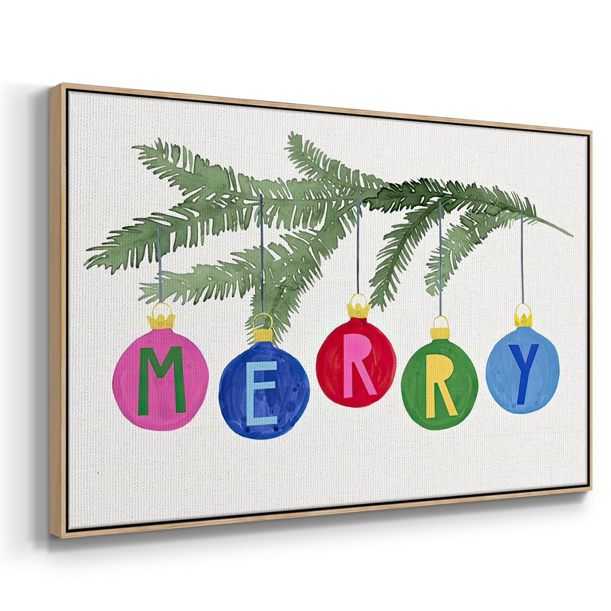 Colorful Christmas Collection A - Framed Gallery Wrapped Holiday Canvas - 25 x 37 - Natural Wood Frame