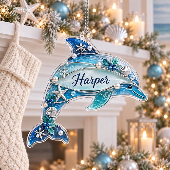 Personalized Dolphin Ocean Blue Silver Christmas Acrylic Ornament