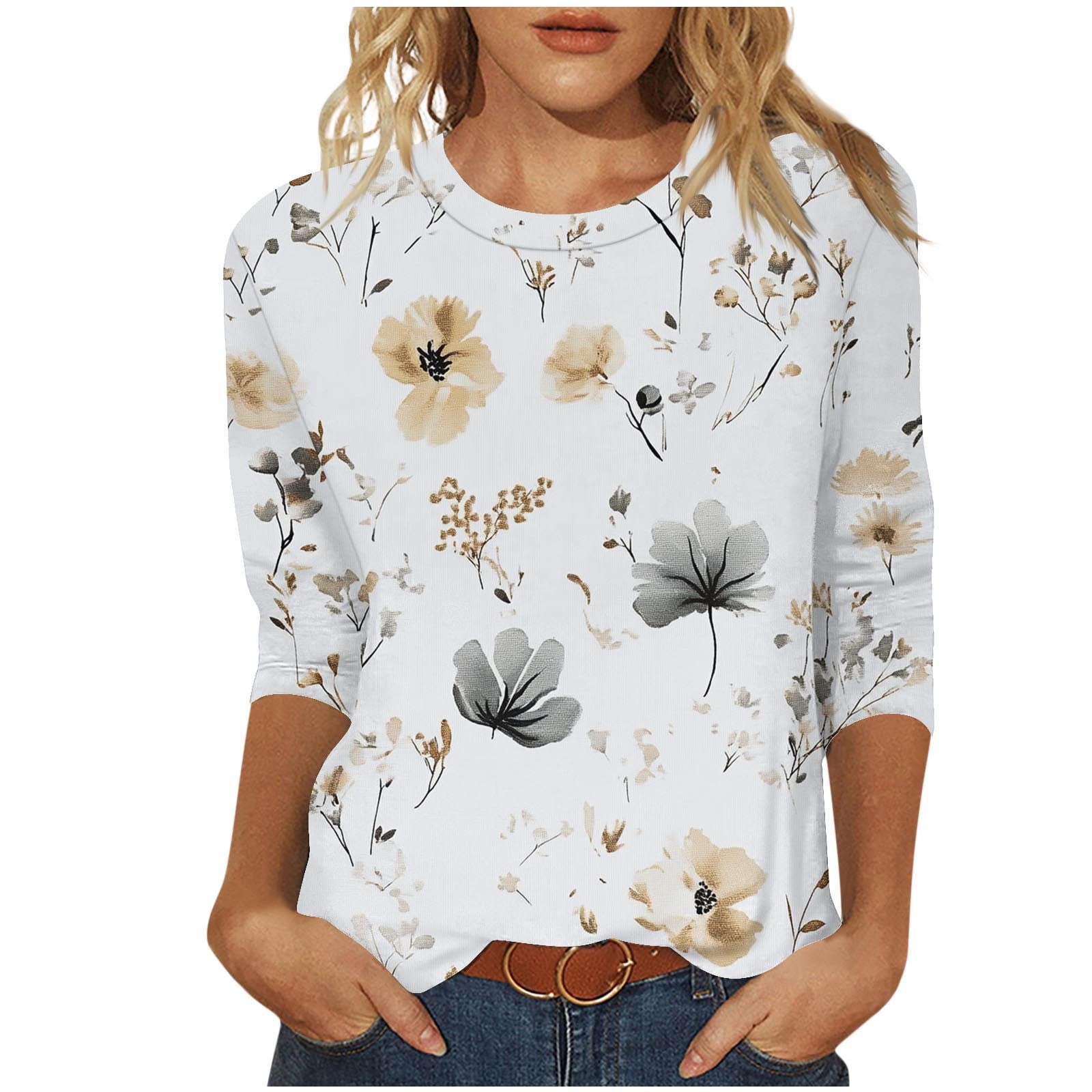 ZVAVZ Hauts Hawaïens pour Femmes, Tunique Imprimée Florale Manches 3/4 Col Rond Tunique Été Décontractée Ample Blouses Soldes Aujourd'hui Beige TTG