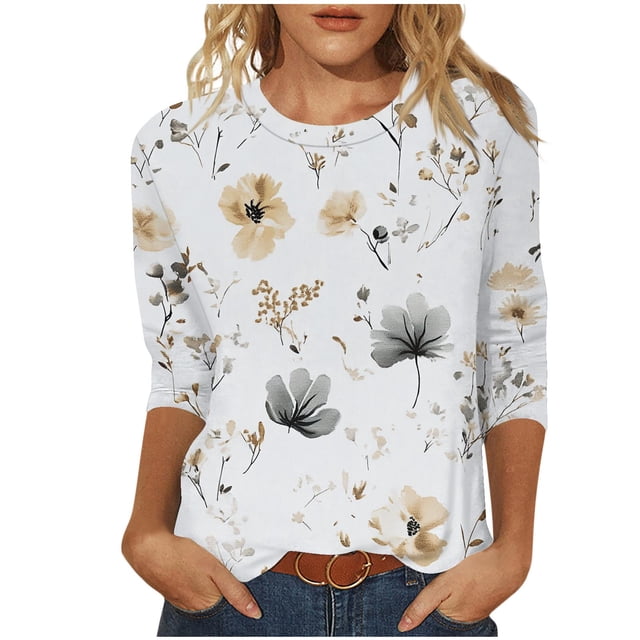 ZVAVZ Hauts Hawaïens pour Femmes, Tunique Imprimée Florale Manches 3/4 Col Rond Tunique Été Décontractée Ample Blouses Soldes Aujourd'hui Beige TTG