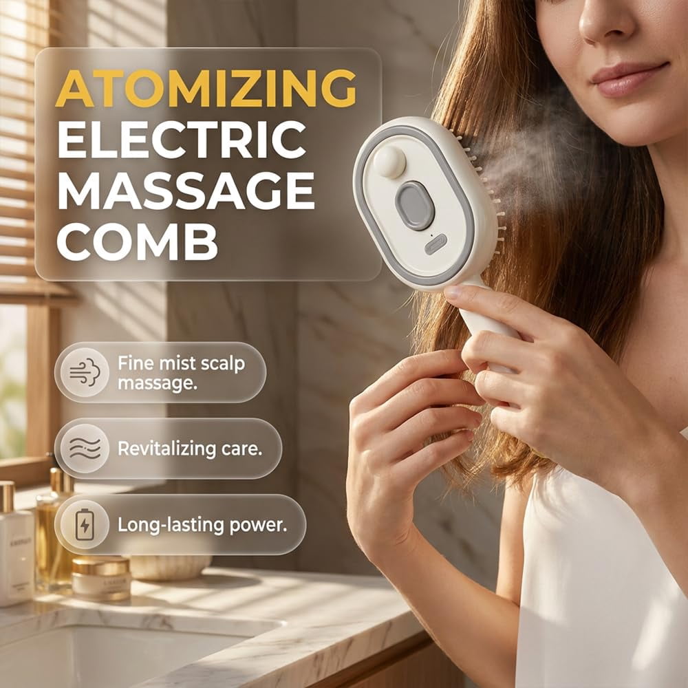 Wet Electric Hairbrush with Water Spray for Women, Rechargeable Red Light Air Cushion Mister Steam Brush for Damp Hair Spa Styling Detangling Cleaning Grooming