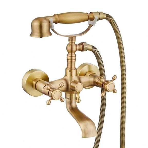 Zovajonia Antique Brass Wall Mount Clawfoot Bathtub Faucet with HandHeld Spray and 360° Double Cross Handle Swivel Spout Vintage Tub Shower Faucet Set