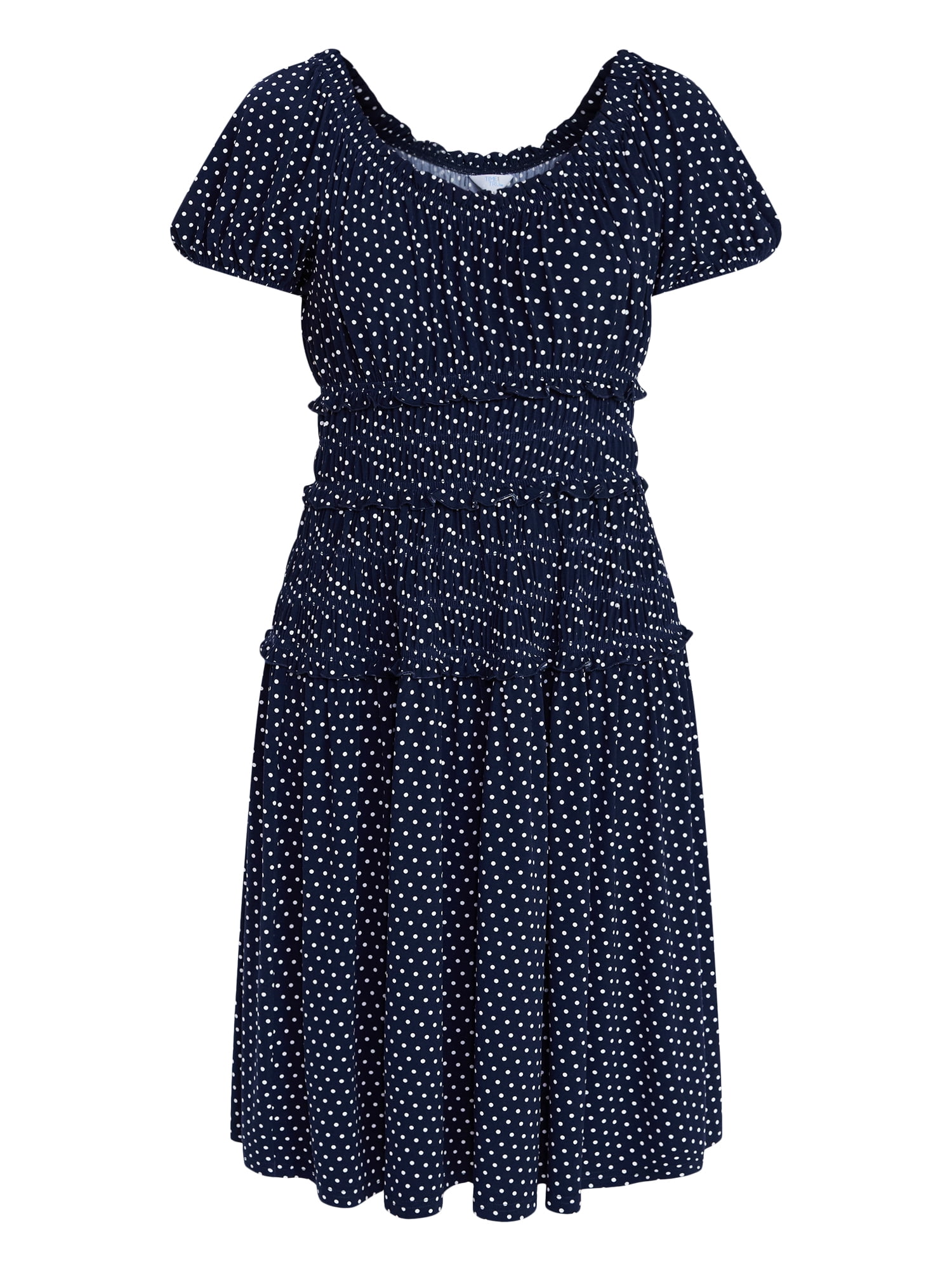 Time and Tru Women's Smocked Midi Dress with Short Puff Sleeves, Sizes XS-XXXL