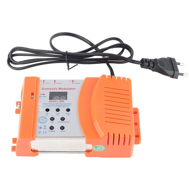Modulador doméstico M66 ABS humanizado AV a RF, frecuencia de trabajo VHF/UHF, enchufe europeo, voltaje de fuente de alimentación de 250V