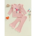 thumbnail image 5 of Aojekbee Little Girls Birthday Outfit Sets Flying Sleeve Letter Embroidery Tops Solid Color Flared Pants Sets, 5 of 10