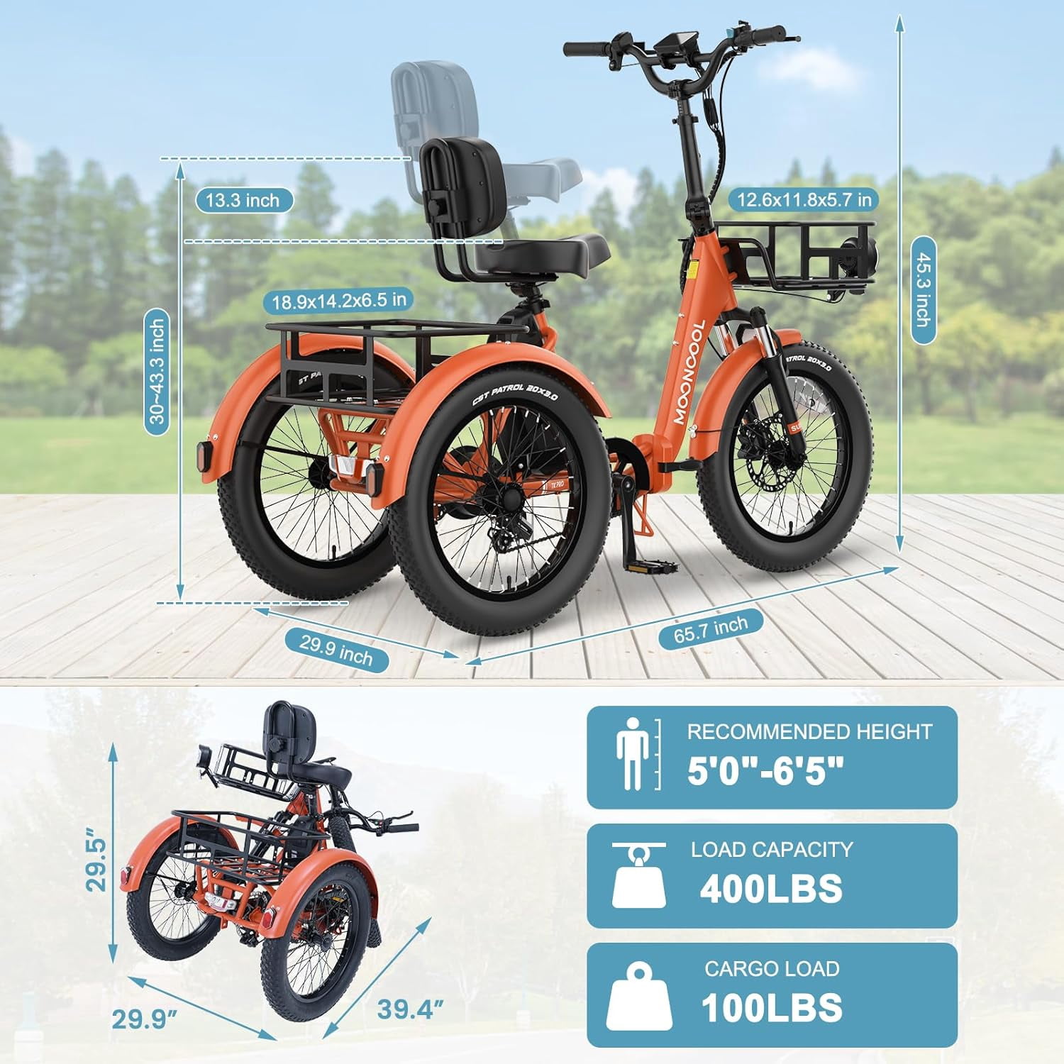 ABORON 20" Fat Tire Electric Trike 750W 48V Motorized Folding Commute E-Bike for Adult, Foldable 3 Wheel Electric Bicycle Trike for Senior Women with Front & Rear Basket