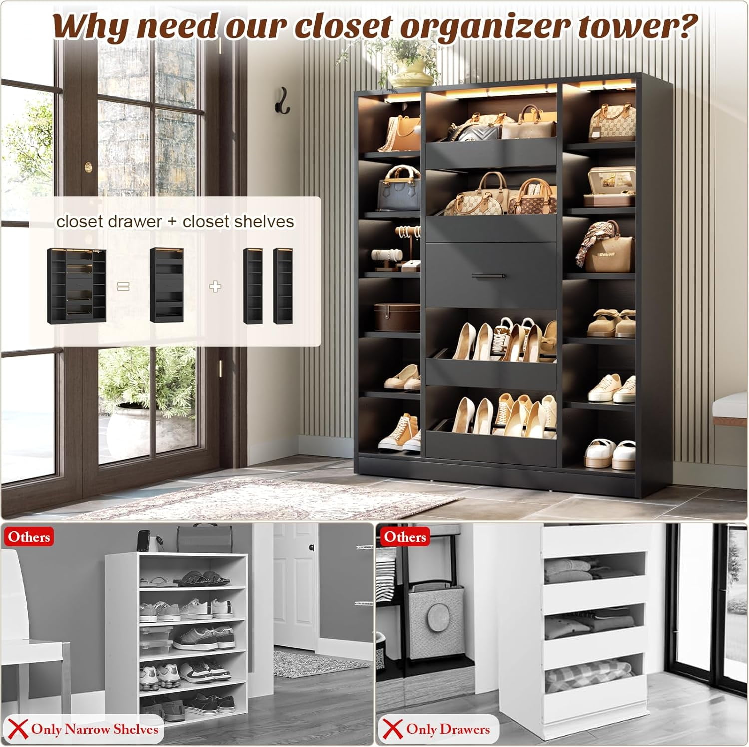 7-Tier Shoe Cabinet with 12 Shelves & 5 Drawers, 40''W Shoe Rack with LED Lights, Holds Up 30+ Pairs of Shoes, Multi-Functional Organizer Cabinet for Entryway/Hallway/Closet, Black