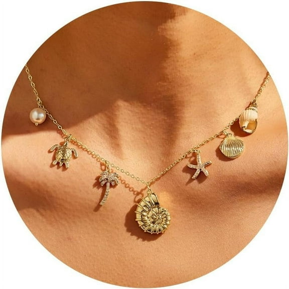 Charm Necklace: 14k Gold Plated Sea Beach Dainty Charm Necklace for Women 16.5" 2"