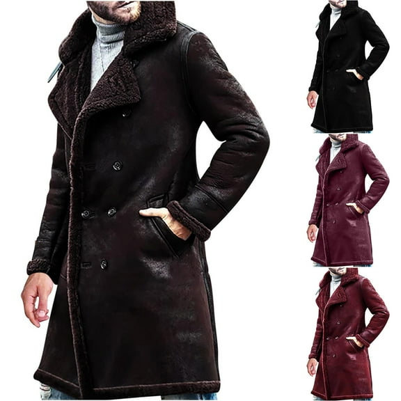 Lovskoo Mens Winter Coats Fuzzy Fleece Lined Leather Jacket Long Sleeve Double-Breasted Jacket Button Thick Warm Notch Lapel Collar Solid Color Long Trench Coat Overcoat Black