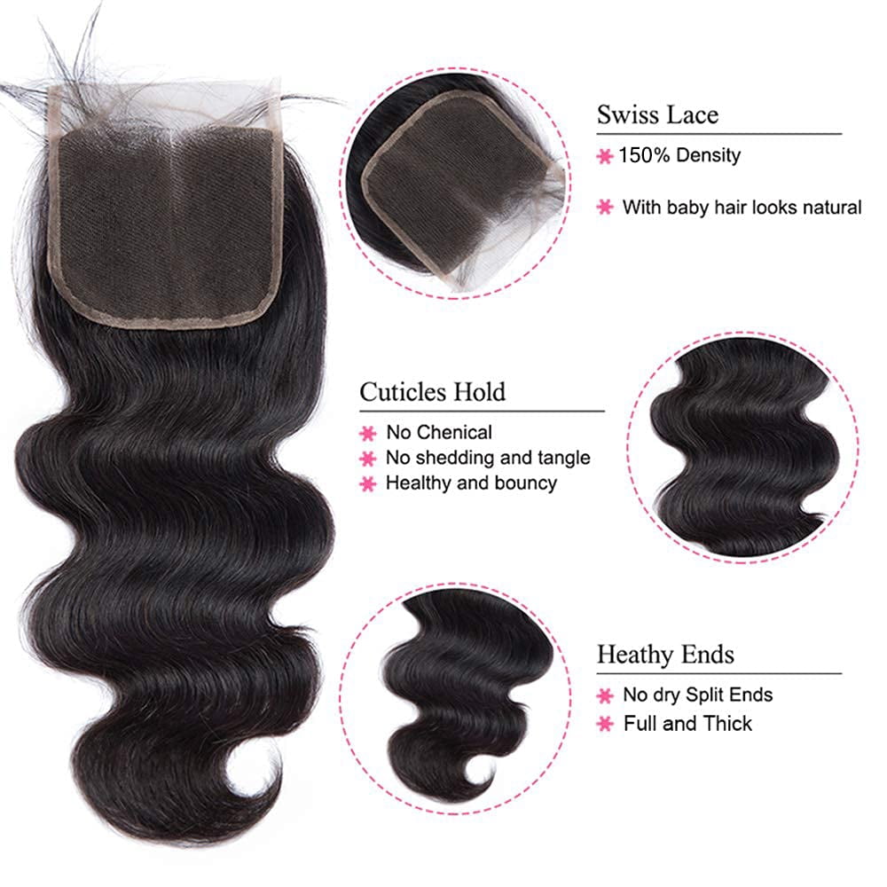 Xuzang Bundles and Closure Body Wave Bundles with 4*4 Closure 3 Bundles with Lace Closure 100% Brazilian Virgin Human Hair Weave Bundles with 4x4 Closure Natural Color