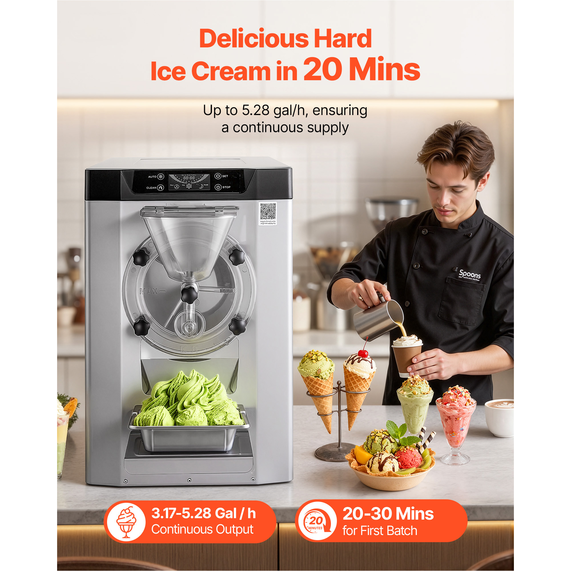 KFFKFF Commercial Hard Ice Cream Machine, Gelato Maker, 201 Stainless Steel 304 Stainless Steel, 19.68×31.30×31.10 in