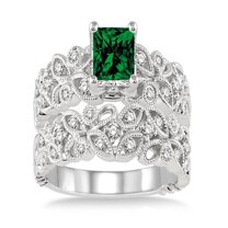 1.5 Carat Emerald & Diamond Infinity Floral Antique Bridal setRound cut diamond on 10k White Gold