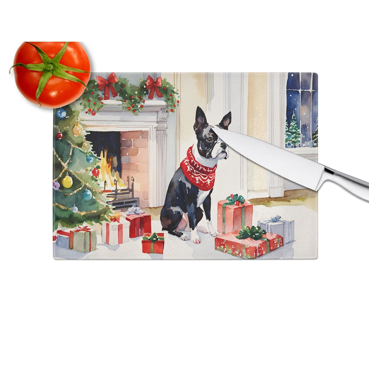 Boston Terrier Cozy Christmas Glass Cutting Board Large 12 in x 15 in