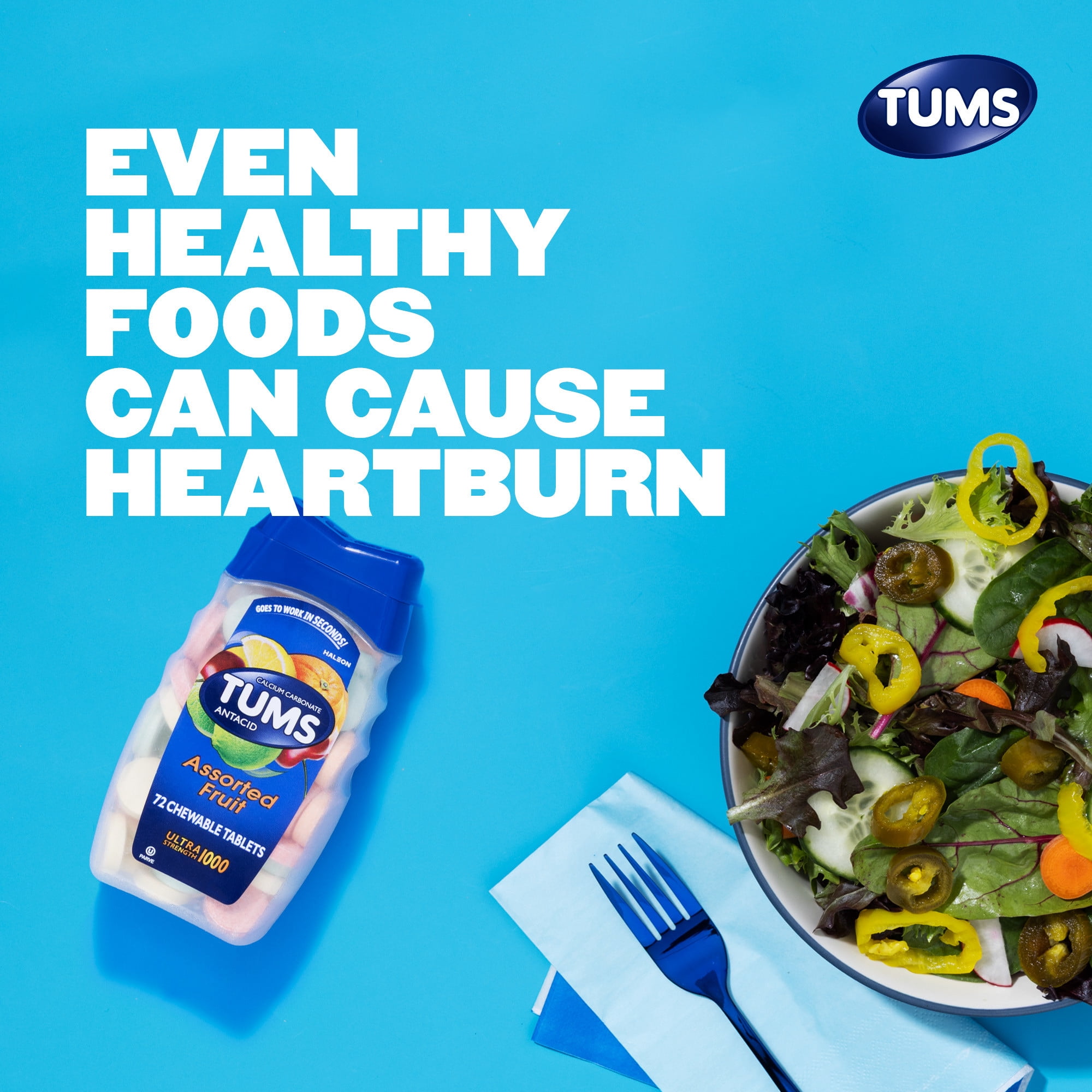 TUMS Ultra Strength Heartburn Relief Chewable Tablets, Assorted Fruit Flavors, 72 Count
