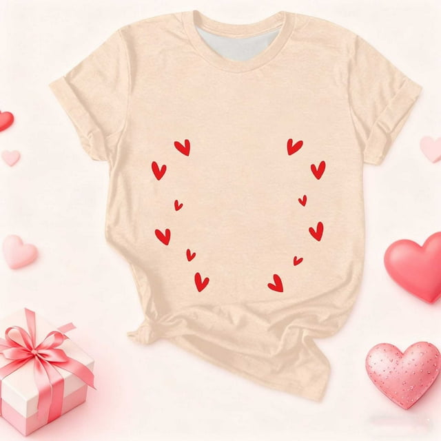 Aufmer 2 Pcs T-Shirt à Manches Courtes Imprimé pour Femmes, T-Shirt Col Rond Décontracté avec Motif à la Mode, Haut en Polyester Doux pour Printemps Été, Usage Quotidien Polyvalent pour Diverses Occasions (Beige)