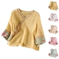 thumbnail image 1 of T-shirts en Coton et Lin pour Femmes Mode Été 2026 Manches Courtes Col en V Broderie Rétro, 1 of 3
