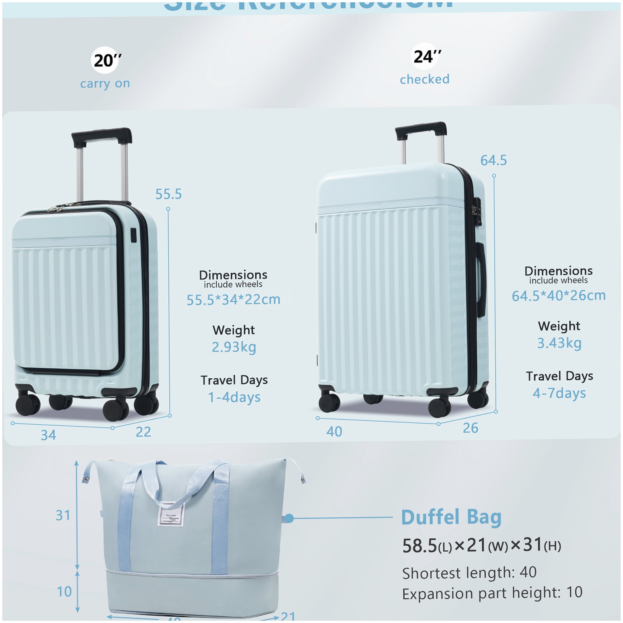 ABS Hardside 3-Piece Luggage Set with Front Opening & USB Charger, TSA Lock, Expandable Light Blue Suitcase with Wheels